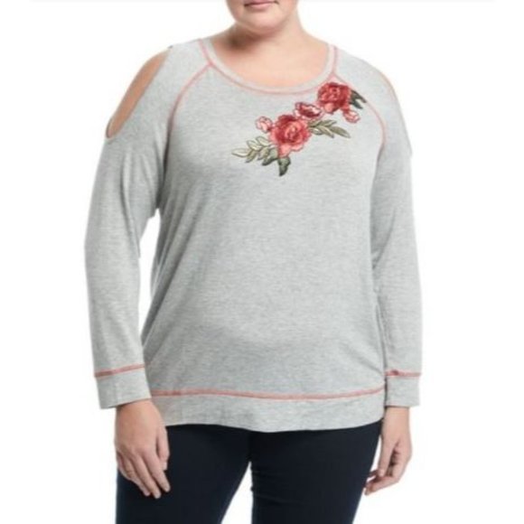 NEW Bobeau 3X Top Rose Applique Cold Shoulder Long Sleeves Heather Gray NWT - Picture 1 of 13